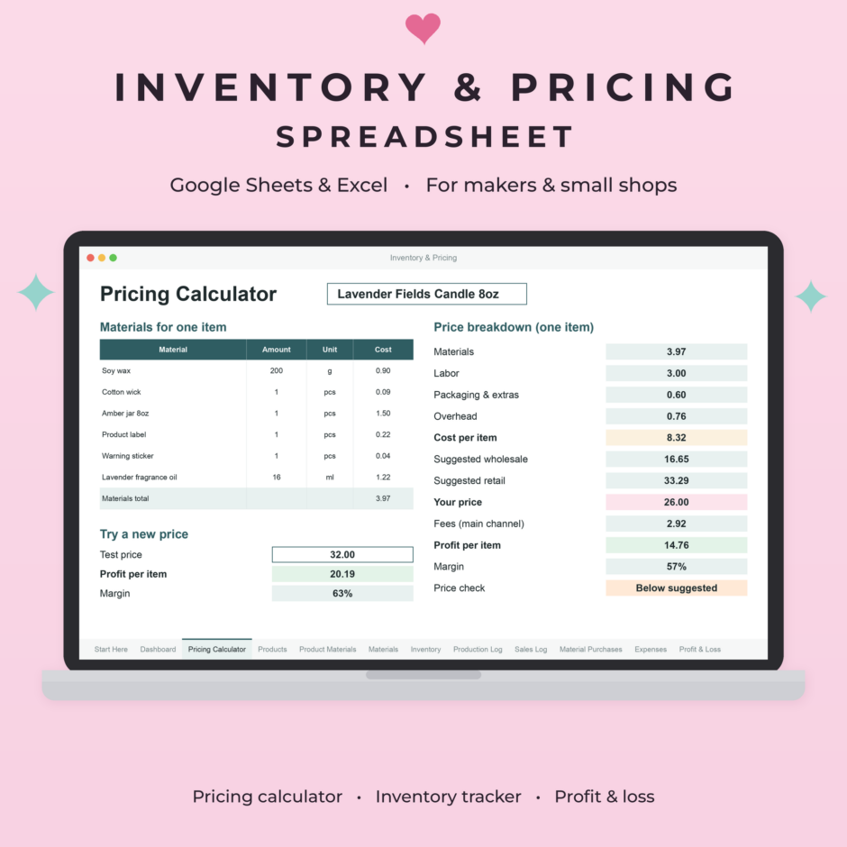 Inventory Tracker & Pricing Calculator Spreadsheet