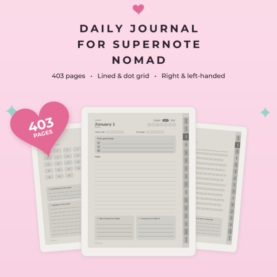 Daily Journal for Supernote Nomad | Hyperlinked E-Ink Journal, 366 Daily Pages, Lined & Dot Grid