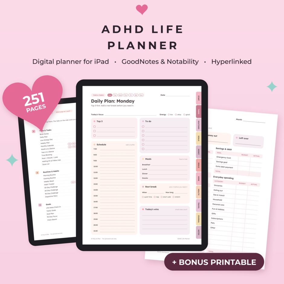 ADHD Digital Life Planner | Hyperlinked GoodNotes & iPad Planner, Budget, Meal & Cleaning, Dark Mode + Bonus Printable