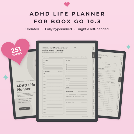 ADHD Life Planner for Boox Go 10.3 | Undated Hyperlinked E-Ink Planner with Budget, Sleep & Travel Trackers, Left & Right Handed