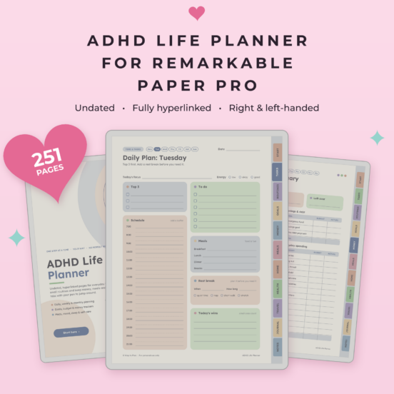 ADHD Life Planner for reMarkable Paper Pro | Undated Hyperlinked Color E-Ink Planner with Budget, Habit & Mood Trackers, Left & Right Handed