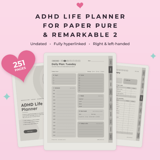 ADHD Life Planner for reMarkable Paper Pure & reMarkable 2 | Undated Hyperlinked E-Ink Planner with Brain Dump & Medication Tracker, Left & Right Handed