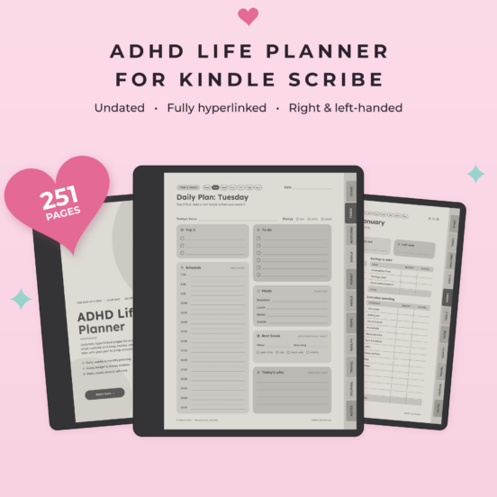 ADHD Life Planner for Kindle Scribe | Undated Hyperlinked Kindle Scribe Planner with Daily, Weekly & Monthly Pages, Left & Right Handed
