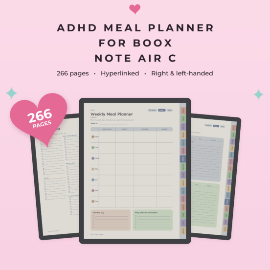 ADHD Meal Planner for Boox Note Air C | Hyperlinked Color E-Ink Meal Planner, Left & Right Handed