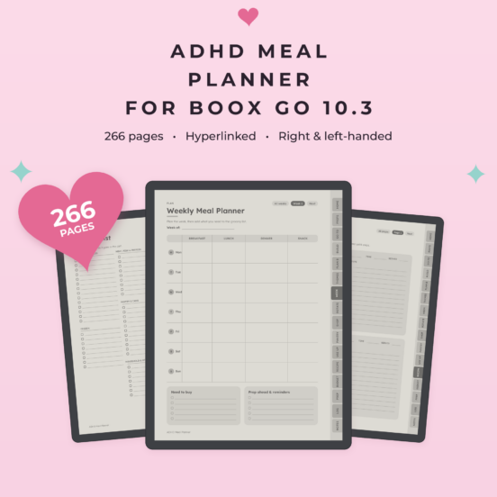 ADHD Meal Planner for Boox Go 10.3 | Hyperlinked E-Ink Meal Planner, Left & Right Handed
