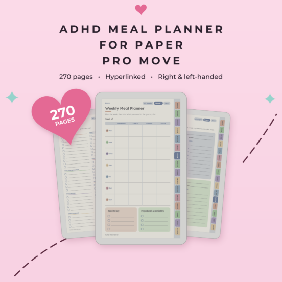 ADHD Meal Planner for reMarkable Paper Pro Move | Hyperlinked Color E-Ink Meal Planner, 3 Themes