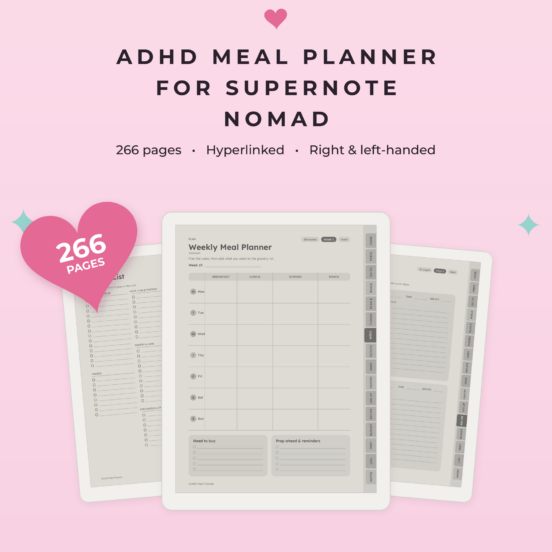 ADHD Meal Planner for Supernote Nomad | Hyperlinked E-Ink Meal Planner, Left & Right Handed