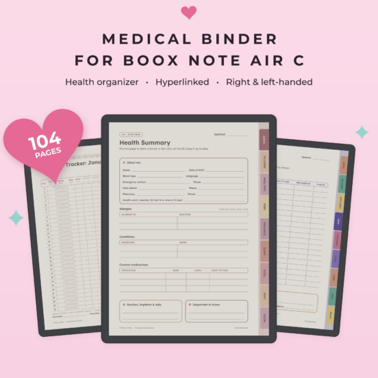 Medical Binder for Boox Note Air C | Medical Tracker, Symptom & Medication Tracker, Caregiver Planner, Hyperlinked