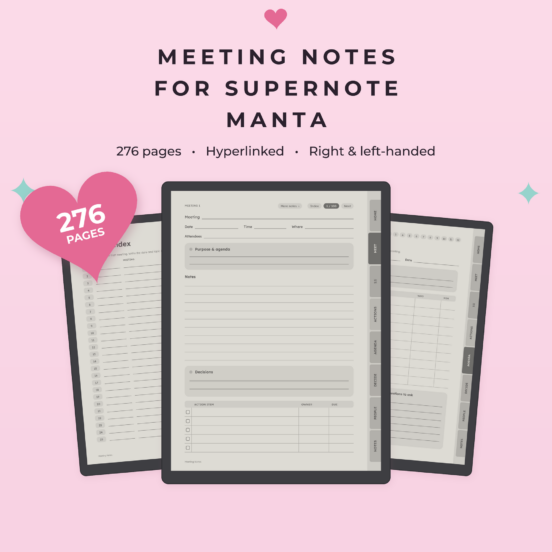 Meeting Notes for Supernote Manta | Hyperlinked E-Ink Meeting Notebook, Left & Right Handed