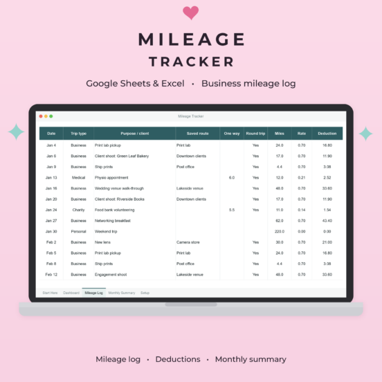 Mileage Tracker Spreadsheet | Business Mileage Log, Mileage Deduction, Google Sheets & Excel