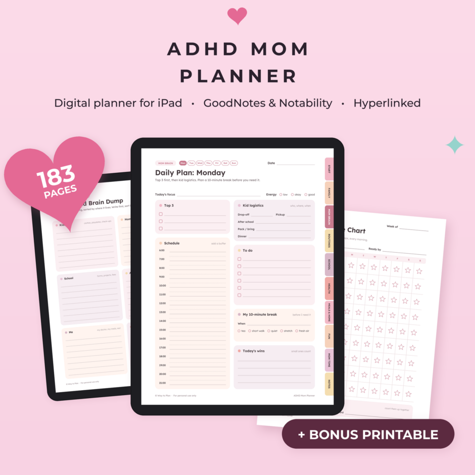 ADHD Mom Digital Planner | Hyperlinked GoodNotes & iPad Family Planner, Dark Mode + Bonus Printable