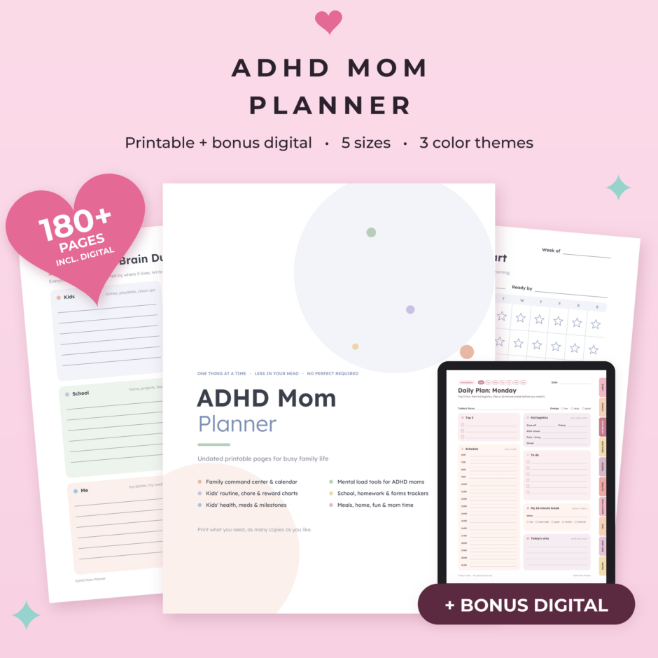 ADHD Mom Planner Printable | Family Command Center, Kids Routine & Chore Charts, Mom Brain Dump + Bonus Digital Planner
