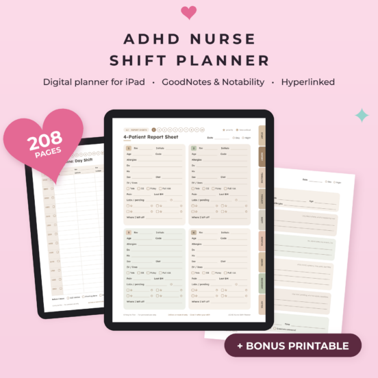 Digital Nurse Planner for iPad | Nurse Report Sheet, Nurse Brain Sheet, GoodNotes Nursing Planner, SBAR, ADHD Nurse, 12 Hour Shift Planner