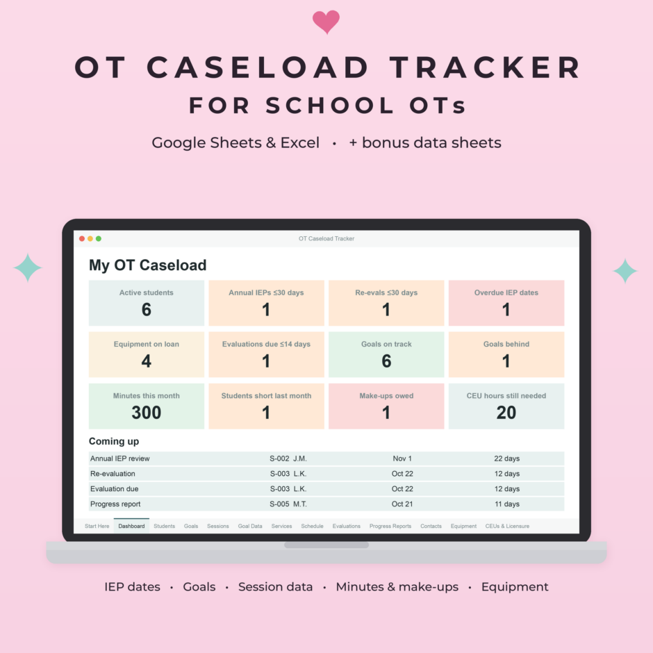 OT Caseload Tracker | Google Sheets & Excel Spreadsheet for School Occupational Therapists with Goal Data, Service Minutes, Equipment & CEU Tracking