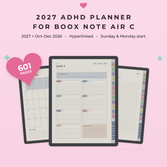 ADHD Planner 2027 for Boox Note Air C | Hyperlinked Color E-Ink Planner, 3 Themes