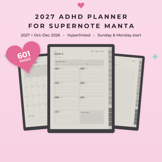 ADHD Planner 2027 for Supernote Manta | Hyperlinked E-Ink Planner, Left & Right Handed