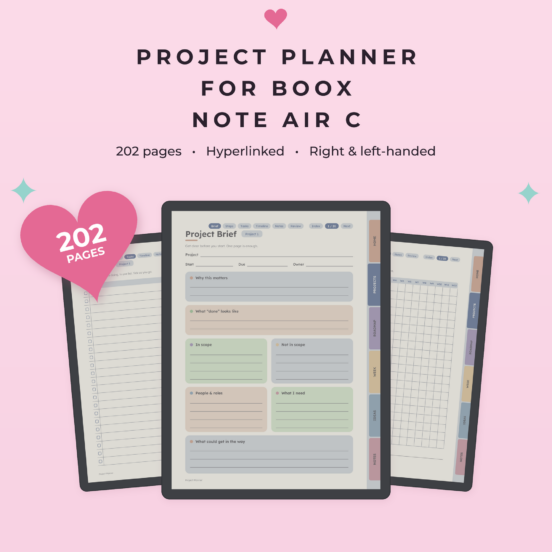 Project Planner for Boox Note Air C | Hyperlinked Color E-Ink Project Tracker, 3 Themes