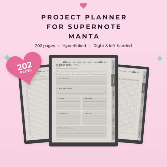 Project Planner for Supernote Manta | Hyperlinked E-Ink Project Tracker, Left & Right Handed