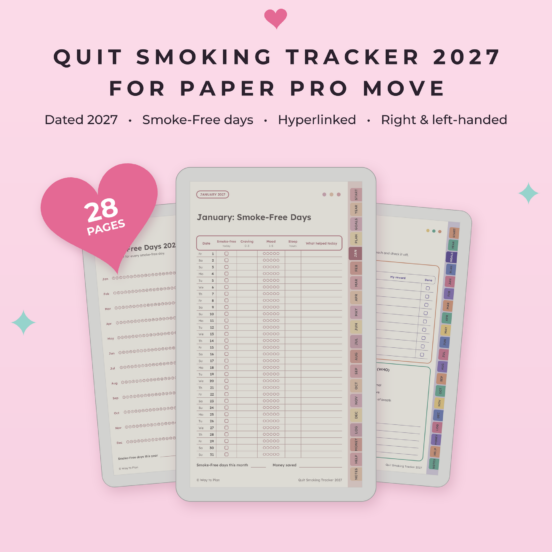 Quit Smoking Tracker 2027 for reMarkable Paper Pro Move | Quit Vaping Tracker, Smoke Free Journal & Cravings Log, Hyperlinked