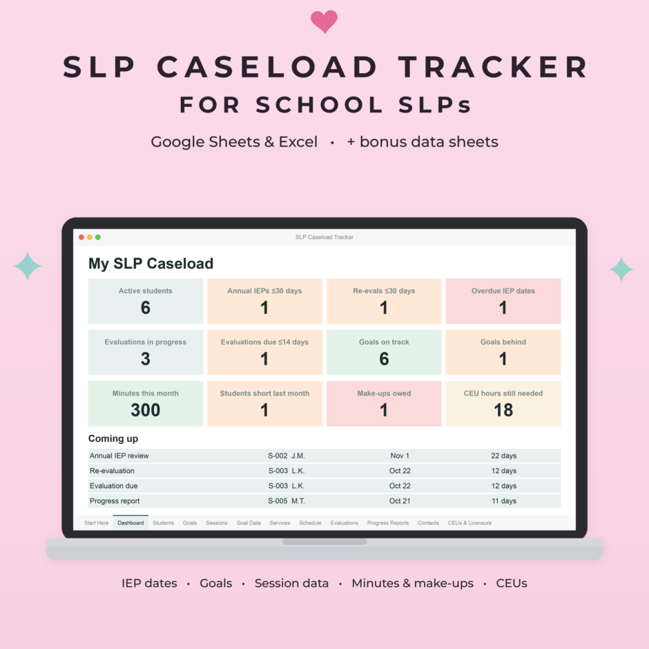 SLP Caseload Tracker | Google Sheets & Excel Spreadsheet for School Speech-Language Pathologists with Goal Data, Service Minutes & CEU Tracking