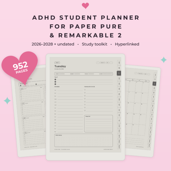 ADHD Student Planner for reMarkable Paper Pure & reMarkable 2 | 2026-2028 Academic Planner, Hyperlinked
