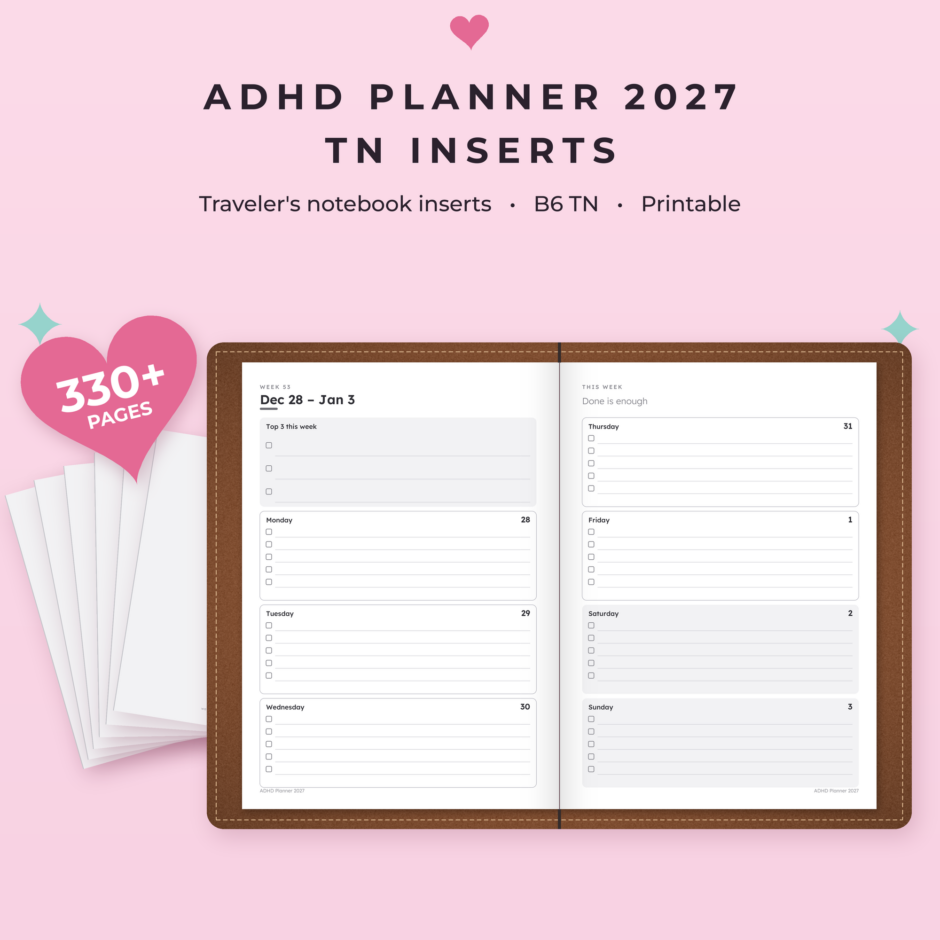 ADHD Planner 2027 B6 TN Inserts | Printable B6 Traveler’s Notebook Insert, 125 × 176 mm