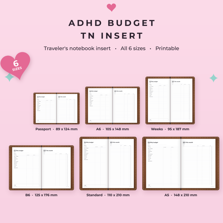 ADHD Budget TN Insert | Bill Tracker, Spending Log & Savings Goals Printable, All 6 Traveler’s Notebook Sizes