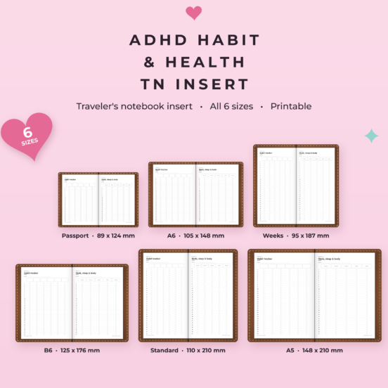 ADHD Habit & Health TN Insert | Habit, Medication & Symptom Tracker Printable, All 6 Traveler’s Notebook Sizes
