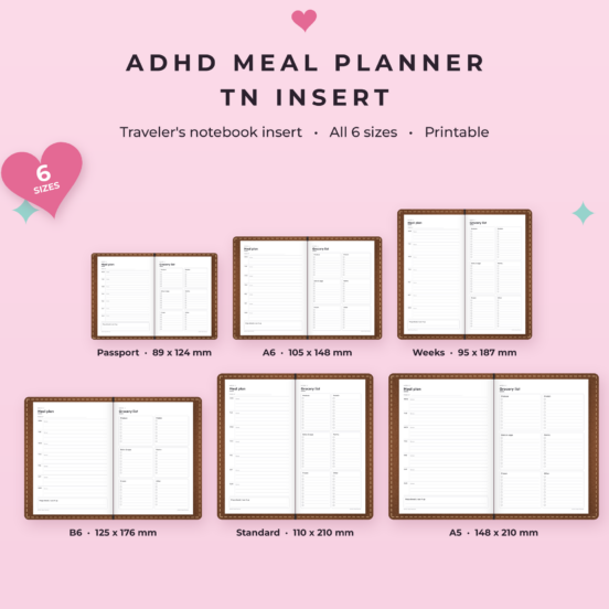ADHD Meal Planner TN Insert | Weekly Meal Plan, Grocery List & Recipe Cards Printable, All 6 Traveler’s Notebook Sizes