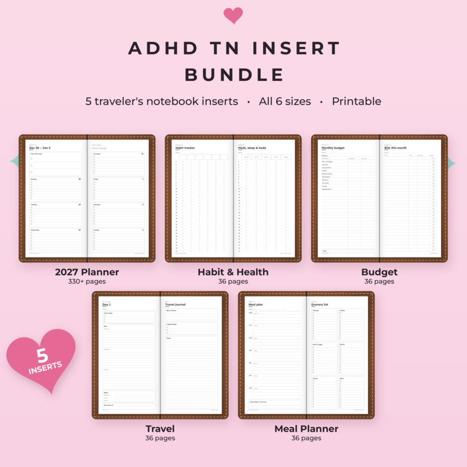 ADHD TN Insert Mega Bundle | 2027 Planner, Habit & Health, Budget, Travel & Meal Planner Inserts, All 6 Traveler’s Notebook Sizes