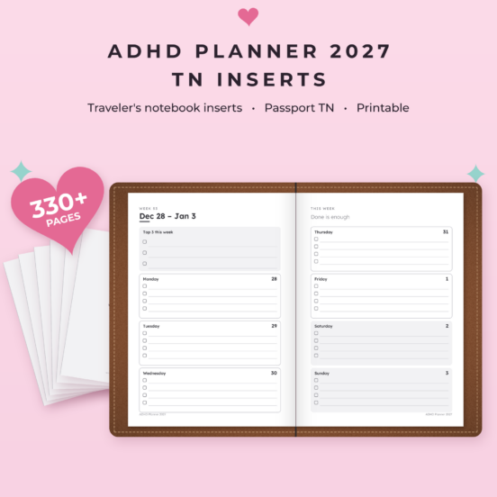ADHD Planner 2027 Passport TN Inserts | Printable Pocket Traveler’s Notebook Insert, 89 × 124 mm