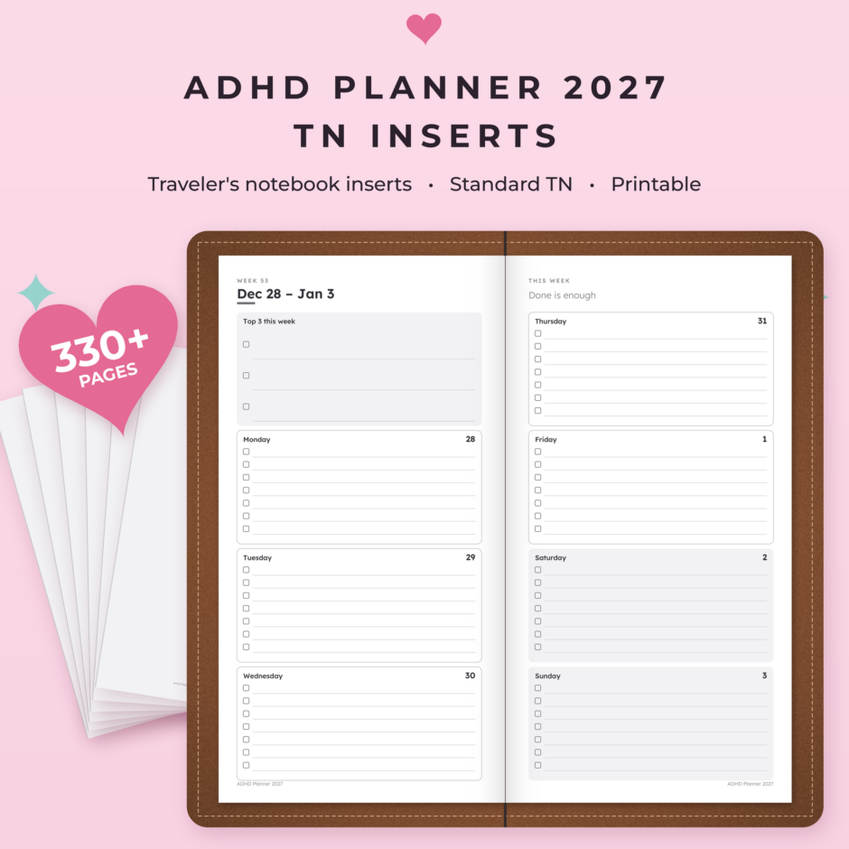 ADHD Planner 2027 Standard TN Inserts | Printable Traveler’s Notebook Insert, 110 × 210 mm