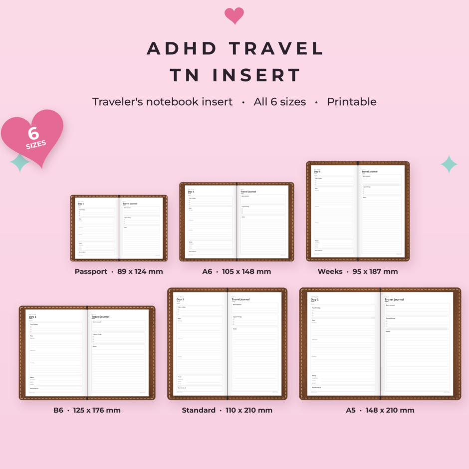 ADHD Travel TN Insert | Packing List, Itinerary & Trip Planner Printable, All 6 Traveler’s Notebook Sizes