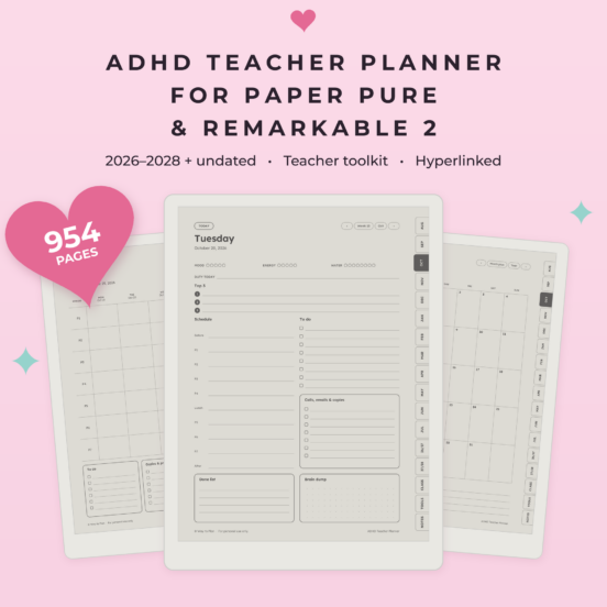 ADHD Teacher Planner for reMarkable Paper Pure & reMarkable 2 | 2026-2028 Lesson Planner, Hyperlinked