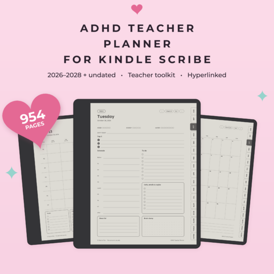 ADHD Teacher Planner for Kindle Scribe | 2026-2028 Lesson Planner, Undated Bonus, Hyperlinked