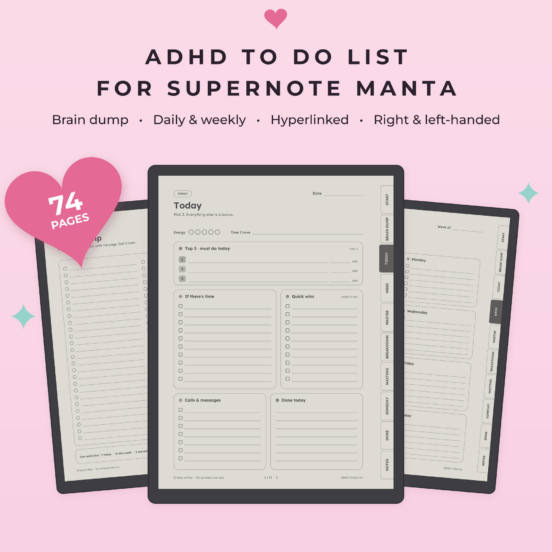 ADHD To Do List for Supernote Manta | Brain Dump, Daily & Weekly Planner, Hyperlinked