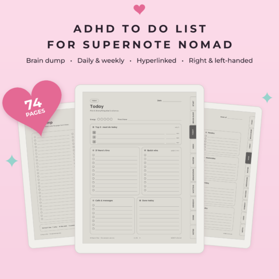 ADHD To Do List for Supernote Nomad | Brain Dump, Daily & Weekly Planner, Hyperlinked