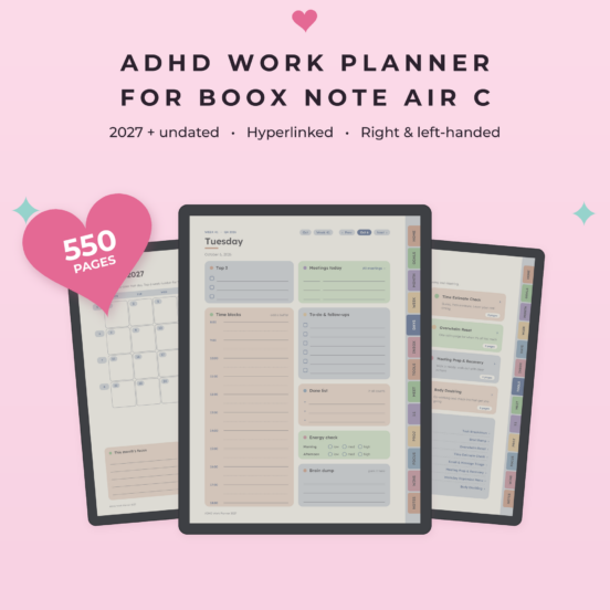 ADHD Work Planner 2027 + Undated for Boox Note Air C | Hyperlinked E-Ink Work Planner with Meeting Notes & Projects, Left & Right Handed