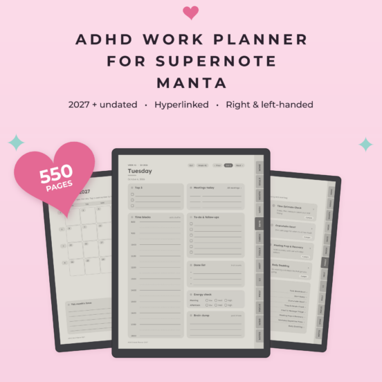 ADHD Work Planner 2027 + Undated for Supernote Manta | Hyperlinked E-Ink Work Planner with Meeting Notes & Projects, Left & Right Handed