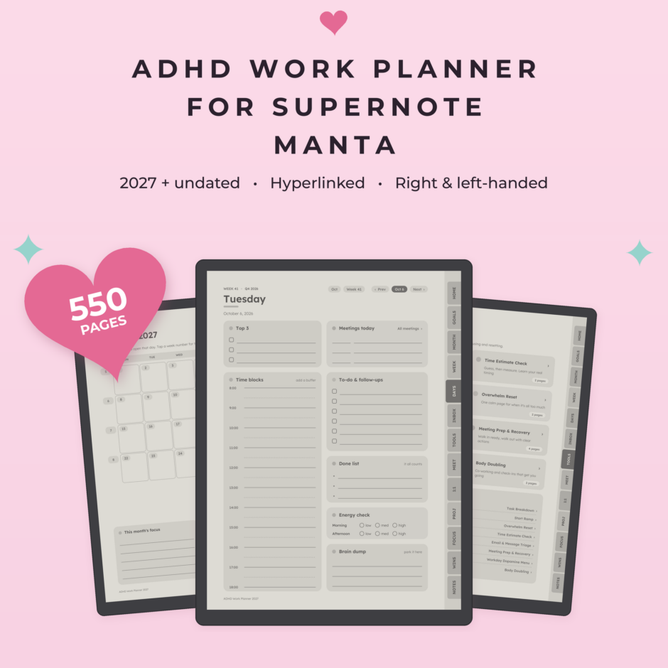 ADHD Work Planner 2027 + Undated for Supernote Manta | Hyperlinked E-Ink Work Planner with Meeting Notes & Projects, Left & Right Handed