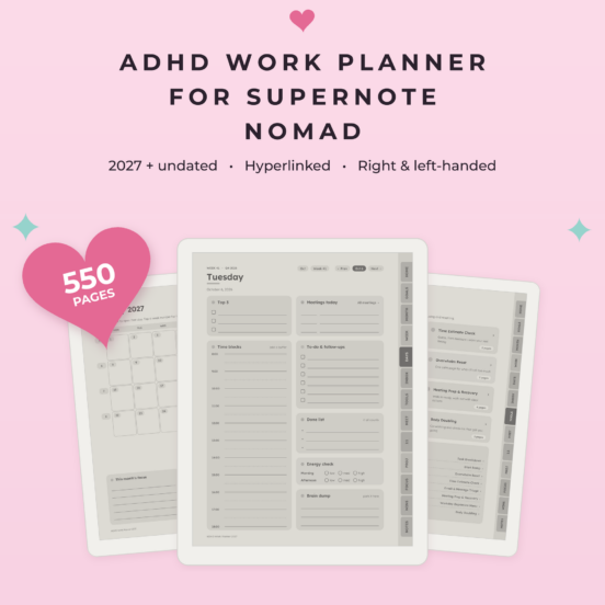 ADHD Work Planner 2027 + Undated for Supernote Nomad | Hyperlinked E-Ink Work Planner with Meeting Notes & Projects, Left & Right Handed