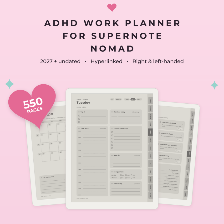 ADHD Work Planner 2027 + Undated for Supernote Nomad | Hyperlinked E-Ink Work Planner with Meeting Notes & Projects, Left & Right Handed