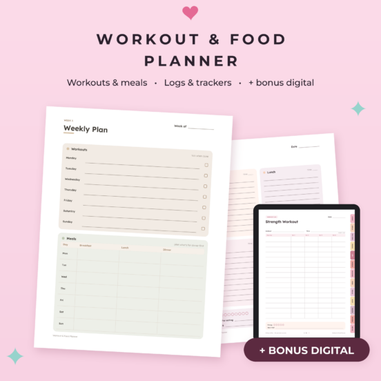 Workout Planner Printable | Fitness Planner, Workout Tracker, Food Journal, Meal Planner, Gym Log, Printable & Digital