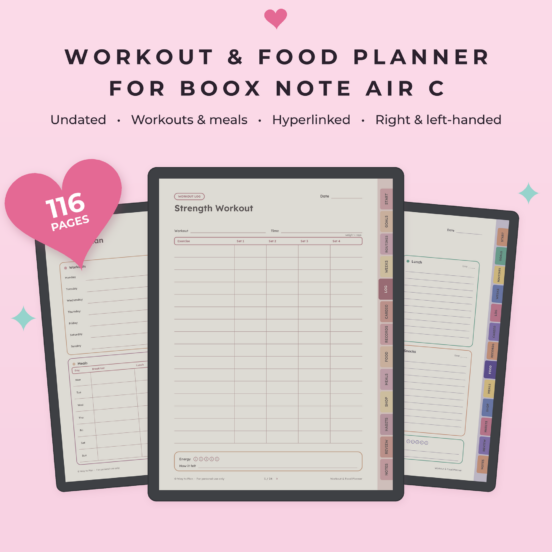 Workout & Food Planner for Boox Note Air C | Fitness Planner, Workout Tracker & Food Journal, Hyperlinked
