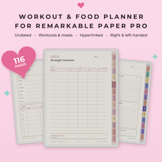 Workout & Food Planner for reMarkable Paper Pro | Fitness Planner, Workout Tracker & Food Journal, Hyperlinked
