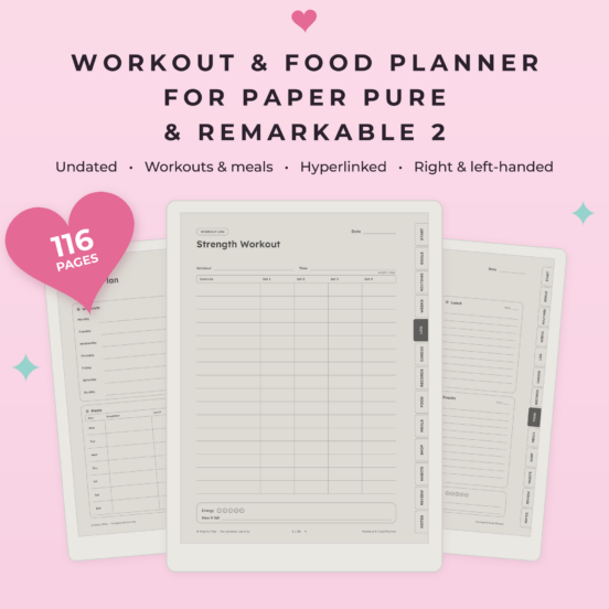 Workout & Food Planner for reMarkable Paper Pure & reMarkable 2 | Fitness Planner, Workout Tracker & Food Journal, Hyperlinked