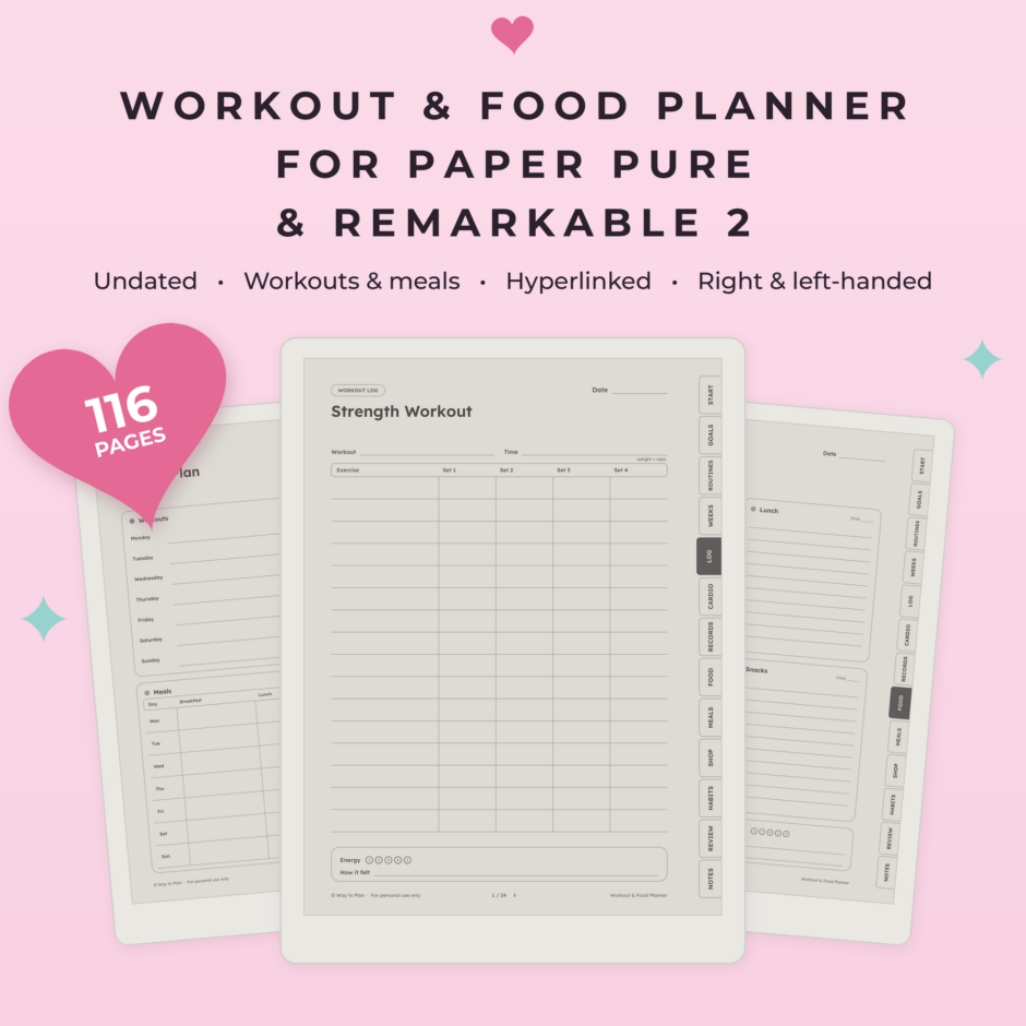 Workout & Food Planner for reMarkable Paper Pure & reMarkable 2