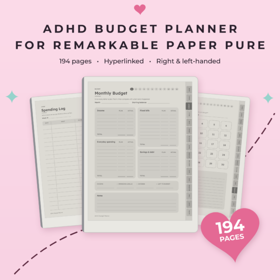 ADHD Budget Planner for reMarkable Paper Pure | Hyperlinked E-Ink Budget Planner, Left & Right Handed