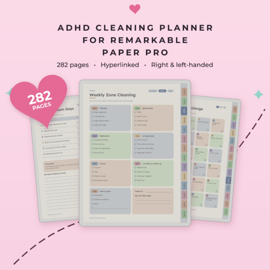 ADHD Cleaning Planner for reMarkable Paper Pro | Hyperlinked Color E-Ink Cleaning Schedule, 3 Themes
