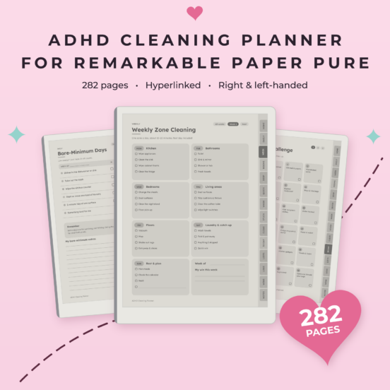 ADHD Cleaning Planner for reMarkable Paper Pure | Hyperlinked E-Ink Cleaning Planner, Left & Right Handed